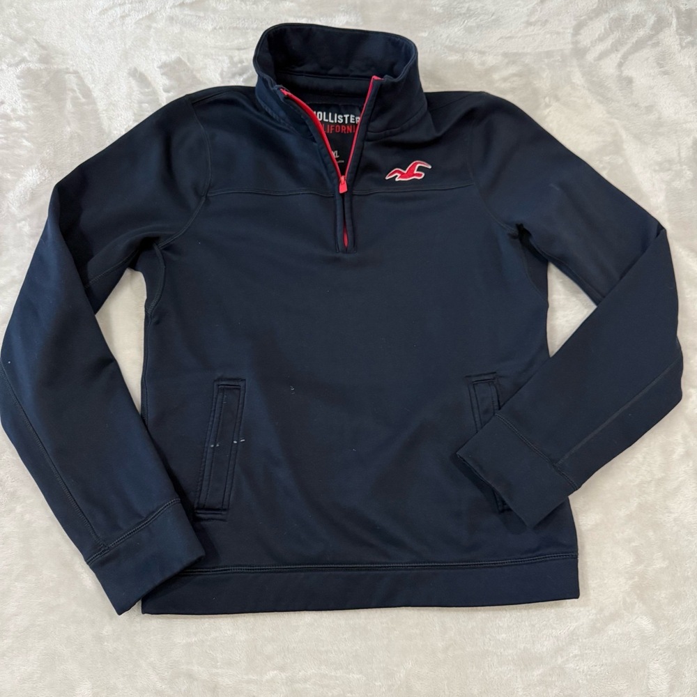 Hollister Co Quarter Zip Pullover Mens L‎ Navy Blue Mock Neck Pockets Athletic